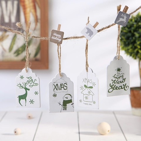 Holz Weihnachtsanhänger Ornamente Weiß Grün Xmas Schneemann Druck Mit Juteschnur Feiertag Baum Geschenk Deko