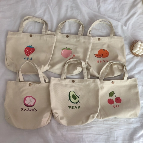 Dames Schattige Fruitprint Canvas Handtas Japanse Koreaanse Stijl Kleine Tote Bag Met Koperen Knoop Voor Dagelijkse Bento Lunch Opberg