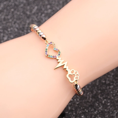 Fashion Adjustable Bracelet Copper Micro Inlaid Colorful Zircon Heart Paw Print Infinity Charms Braided Rope Jewelry