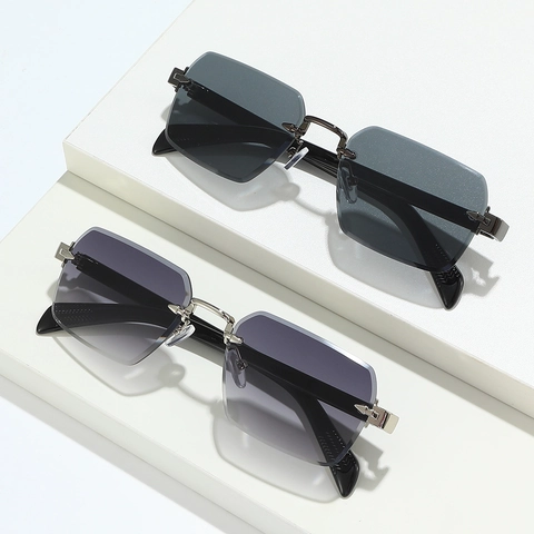 Rimless Square Sunglasses Men Fashion PC Lens Metal Frame UV400 Protection Driving Outdoor Trendy Eyewear