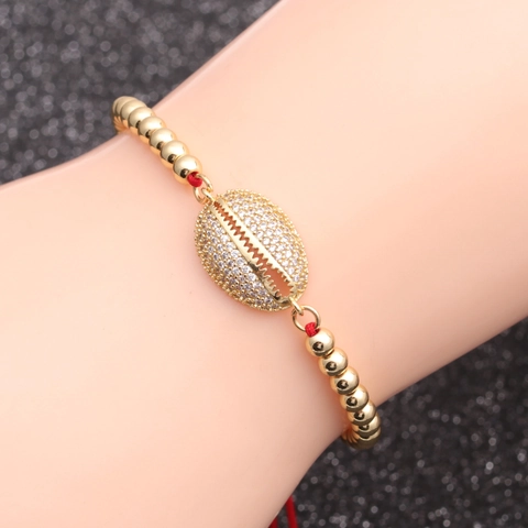 Pulsera Con Dije De Concha Cobre Micro Pavé Circón Colorido Cuentas Doradas Cuerda Tejida Ajustable Joyería Bohemia Mujer