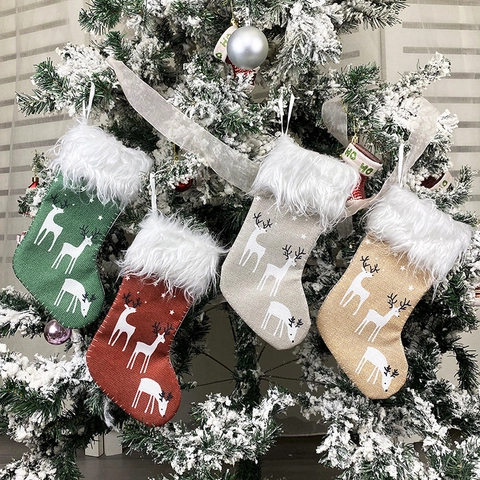 Piccola Calza Di Natale Lino Sacco Risvolto In Pelliccia Sintetica Bianca Stampa Renna Alce Ornamento Da Appendere Sacchetto Regalo Rustico