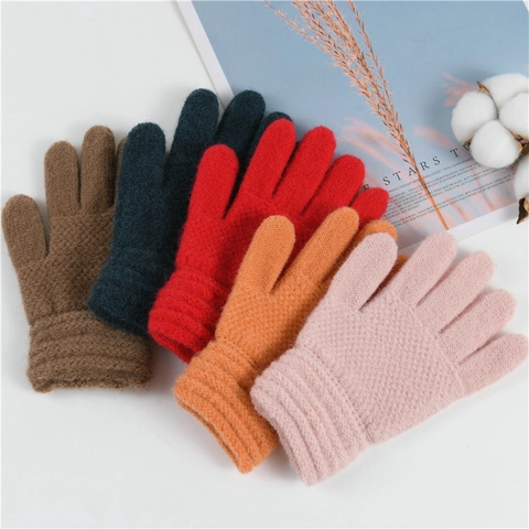 Kids Knitted Winter Gloves Solid Warm Soft Yarn Full Finger Mittens For Toddler Boys Girls Outdoor Cycling