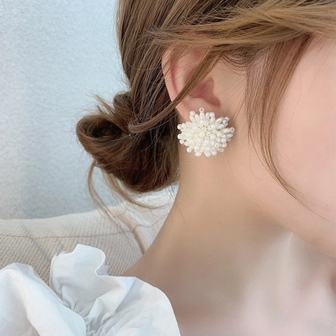 Pendientes De Botón Con Flores De Perlas Artificiales Para Mujer Con Poste De Plata Joyería Elegante Y Retro De Estilo Coreano