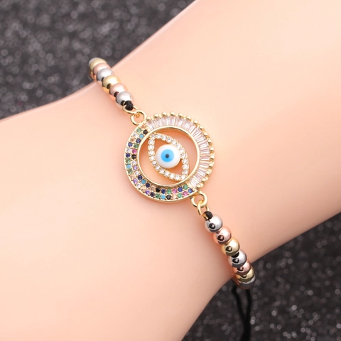 Evil Eye Armband Kupfer Mikro Geteert Zirkon Schutzamulett Verstellbares Seil Perlen Boho Schmuck Damen