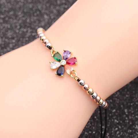Colorful Flower Adjustable Bracelet Copper Micro Pave Cubic Zirconia Slider Chain For Women Boho Jewelry