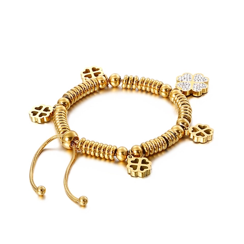 Bracciale Con Ciondoli Quadrifoglio In Acciaio Inossidabile Da Donna Con Zirconia Pavé Catena Di Perline Regolabile