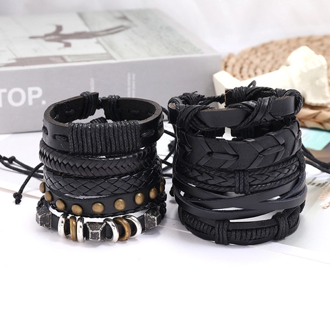 Pulsera De Cuero Trenzado Para Hombre Piel De Vaca PU Cordón Encerado Cuerda De Cáñamo Aleación Punk Retro Joyería Hecha A Mano