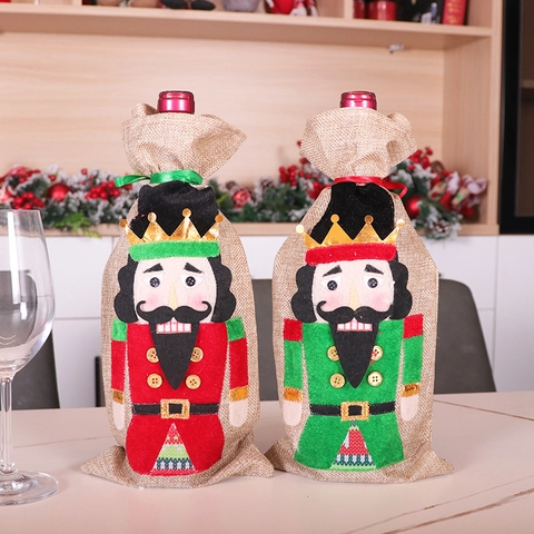 Christmas Nutcracker Soldier Wine Bottle Cover Linen Burlap Holiday Table Decoration Party Favor Gift Bag Drawstring