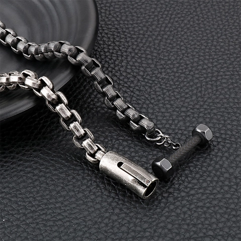 Bracelet Stainless Steel Square Box Chain Industrial Punk Style Vintage Silver Color Jewelry For Men With Clasp