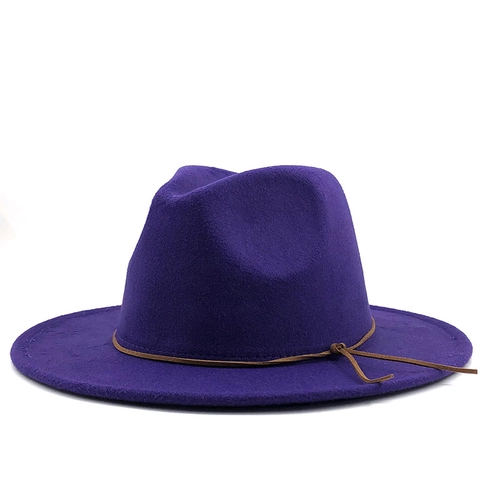 Wide Brim Fedora Hat Woolen Felt Jazz Cap With Thin Rope Decoration Vintage Fashion Solid Color Autumn Winter For Women Men