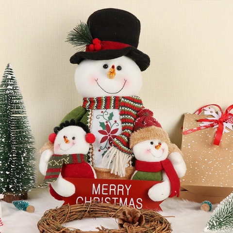 Kerst Sneeuwpop Kerstman Familie Beeldjes Pluche Ornamenten Merry Christmas Banner Handgemaakte Gebreide Stoffen Tafeldecoratie