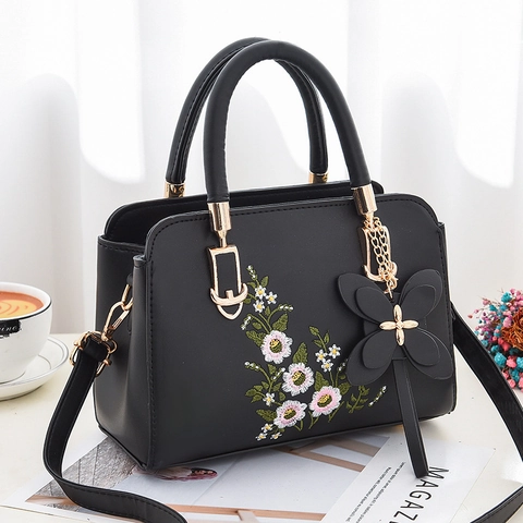Women PU Leather Handbag Elegant Floral Embroidery With Butterfly Charm Shoulder Crossbody Bag
