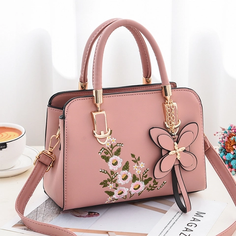 Damen PU Leder Handtasche Elegante Blumenstickerei Mit Schmetterling Anhänger Schulter Umhängetasche