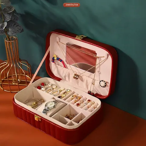 Jewelry Organizer Portable Multi Layer PU Leather Storage Case With Mirror And Lock For Rings Earrings Necklaces Watches