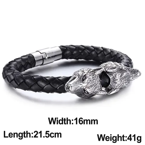 Pulsera De Cuero Trenzado Para Hombre Doble Cabeza De Lobo Acero Inoxidable 316L Vikingo Nórdico Retro Punk Gótico