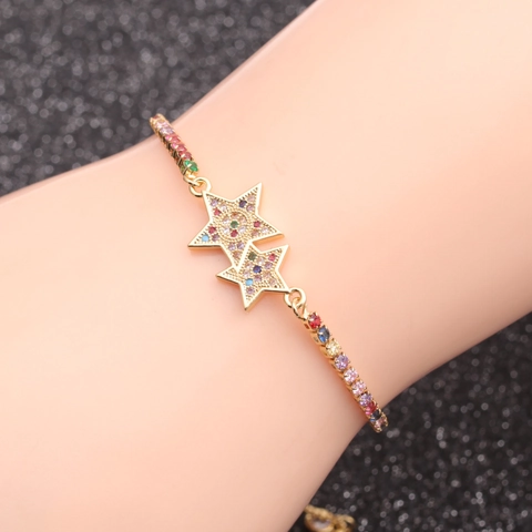 Double Five Pointed Star Bracelet Copper Micro Pave Colorful Cubic Zirconia Adjustable Chain Jewelry For Women Men