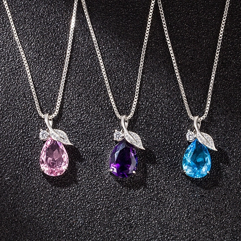 Korean Style Copper Leaf Waterdrop Pendant Necklace Elegant Pink Blue Purple Rhinestone Clavicle Chain For Women Jewelry