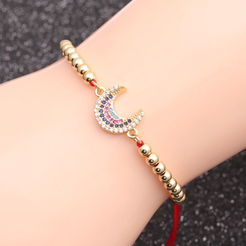 Moon Pendant Bracelet Copper Beads Red Braided Rope Adjustable Multi Color Zircon Micro Inlaid Fashion Jewelry Women