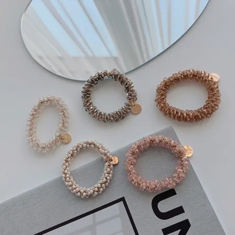 Beaded Spiral Hair Ties Faux Artificial Pearl Crystal Acrylic Elastic Ropes With Gold Metal Tag Sweet Korean Style For Women Girls