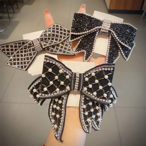 Elegant Bow Hair Clip Velvet Rhinestone Faux Artificial Pearl Grid Design Sparkling French Retro Hairpin For Women Party Wear
