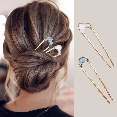 U-förmiger Haarstab Aus Metalllegierung Mit Perlmutt-Inlay Einfacher Eleganter Haarknoten-Gabel Für Frauen