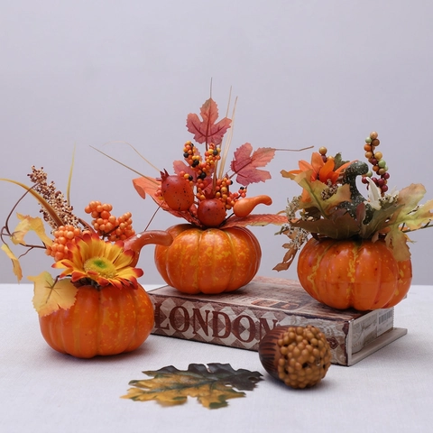 Artificial Pumpkin Decoration Thanksgiving Centerpiece Faux Sunflower Maple Leaves Berries Foam Ornament Halloween Table