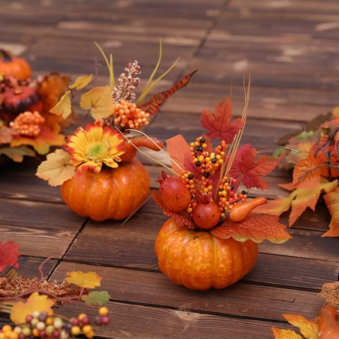 Artificial Pumpkin Decoration Thanksgiving Centerpiece Faux Sunflower Maple Leaves Berries Foam Ornament Halloween Table