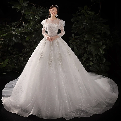 Robe De Mariée Élégante En Dentelle Française Manches Longues Taille Haute Tulle Paillettes Dos Nu Traîne Longue Femme