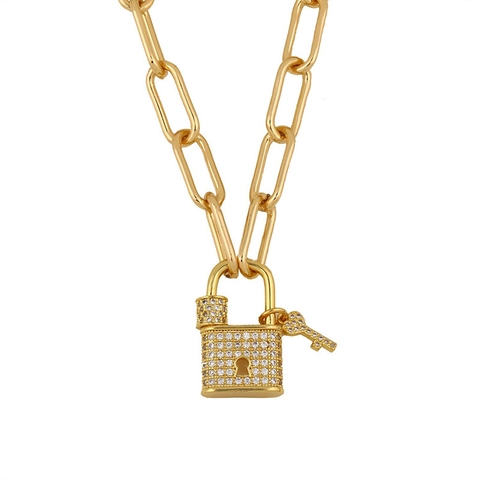 Lock Pendant Necklace 18K Gold Plated Copper Micro Pave Zirconia Heart Star Paperclip Chain Trendy Jewelry