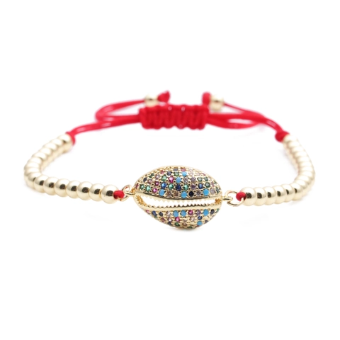 Pulsera Con Dije De Concha Cobre Micro Pavé Circón Colorido Cuentas Doradas Cuerda Tejida Ajustable Joyería Bohemia Mujer