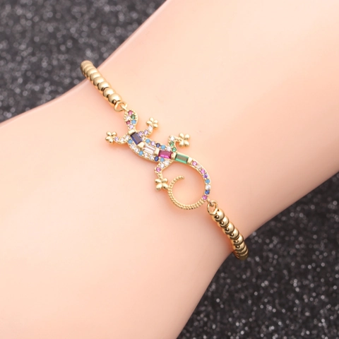 Gecko Bracelet Copper Gold Plated Colorful Cubic Zirconia Adjustable Lizard Charm Fashion Jewelry For Women