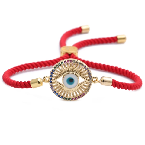 Bracciale Malocchio in Rame con Micro Zirconia Corda Intrecciata Rossa Regolabile Braccialetto a Catena Gioielli Moda Unisex