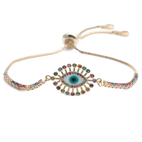 Bracciale Malocchio Rame Micro Intarsiato Zircone Colorato Catena Scorrevol Regolabile Gioielli Turchi Donne