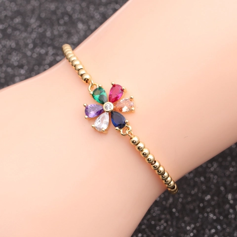 Colorful Flower Adjustable Bracelet Copper Micro Pave Cubic Zirconia Slider Chain For Women Boho Jewelry