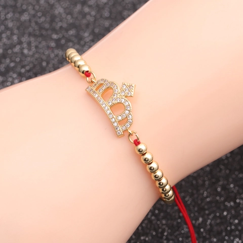 Bracelet Femmes Cuivre Micro Zircon Oeil Mauvais Couronne Alphabet B Perlé Ajustable Fait Main Bijoux