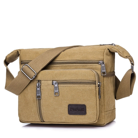 Men Crossbody Bag Canvas Multi Pocket Shoulder Messenger Bag Business Casual Durable Zipper Work Travel Small Pouch