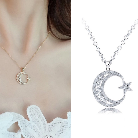 Collana Con Ciondolo Stella Luna Lega Zircone Strass Girocollo Per Donna Elegante Gioiello Regalo Oro Argento