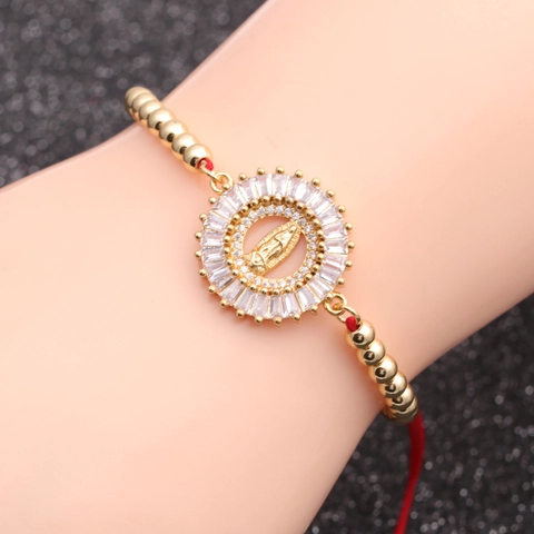 Bracelet Religieux Vierge Marie Cuivre Zircon Inlay Corde Tressée Rouge Ajustable Bijoux Pour Femmes
