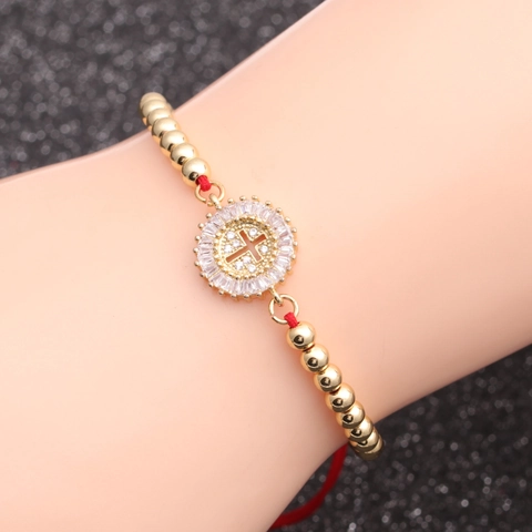 Pulsera Colgante Cruz Cuentas Cobre Chapadas Oro Zirconia Cordón Rojo Ajustable Joyería Para Mujeres Hombres