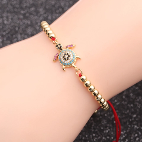 Bracciale Ciondolo Tartaruga Micro Zircone Colorato Ottone Perline Oro Corda Intrecciata Rossa Regolabile Gioielli