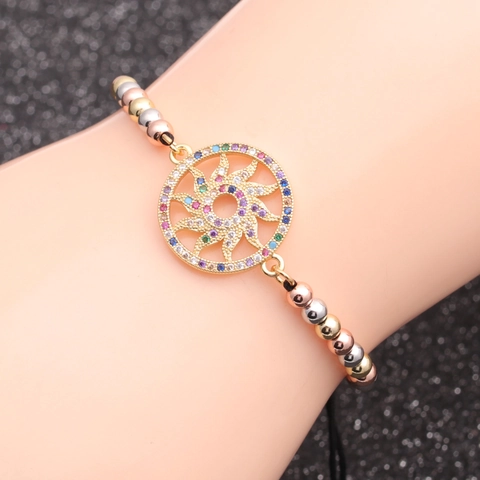 Sun Wheel Pendant Bracelet Copper Colorful Zircon Micro Pave Adjustable Sliding Buckle Fashion Bohemian Jewelry For Women Men