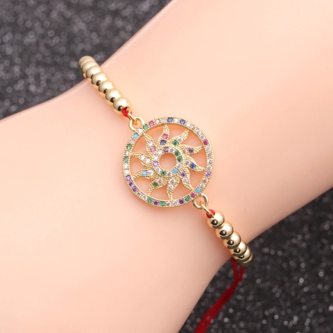 Sun Wheel Pendant Bracelet Copper Colorful Zircon Micro Pave Adjustable Sliding Buckle Fashion Bohemian Jewelry For Women Men