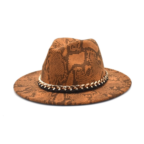 Women Men Snakeskin Print Fedora Hat Woolen Jazz Hat With Gold Chain Decoration Wide Brim Sunshade Party Accessories