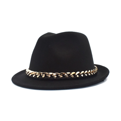 Chapeau Fedora En Laine Avec Chaîne Dorée Style Britannique Vintage Chapeau De Jazz Pour Hommes Femmes