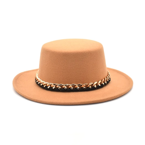 Flat Top Fedora Hoed Wollen Vilt Brede Rand Gouden Metalen Ketting Jazz Boater Pet Voor Heren Dames
