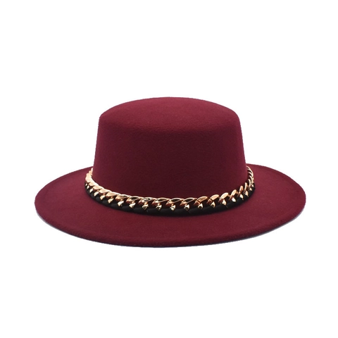Flat Top Fedora Hoed Wollen Vilt Brede Rand Gouden Metalen Ketting Jazz Boater Pet Voor Heren Dames