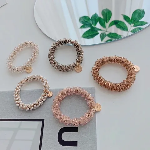 Beaded Spiral Hair Ties Faux Artificial Pearl Crystal Acrylic Elastic Ropes With Gold Metal Tag Sweet Korean Style For Women Girls