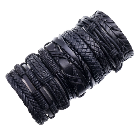 Combinaison Bracelet En Cuir Tissé Rétro Vintage Ajustable Cuir De Vachette Corde De Cire Chanvre Punk Multi-couches Hommes Femmes