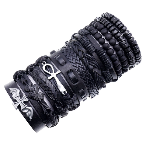Pulsera Trenzada De Hombre Vintage Cuero De Vaca Cuentas Madera Aleación Gótico Punk Multicapa Apilable Cruz Alas Joyería